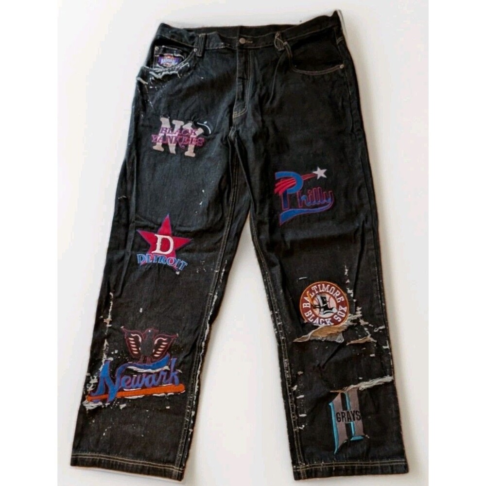 Negro Leagues Baseball Denim Jeans Mens 40 X 33 NLBM Embroidered Logos Thrashed